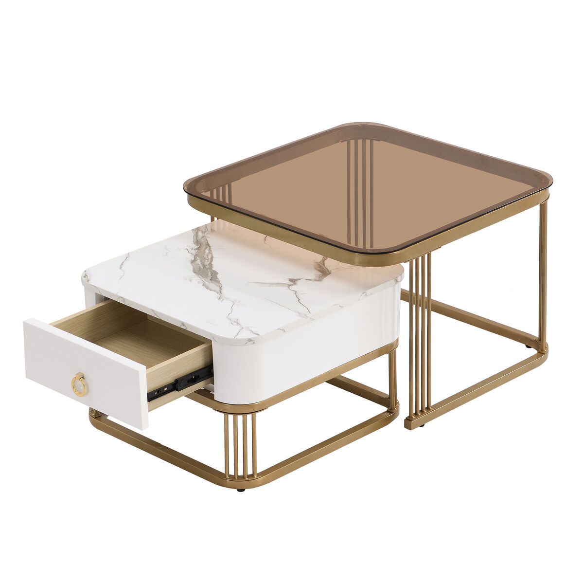 Conjunto de 2 mesas de centro quadradas de mdf com 1 gaveta,branco+dourado
