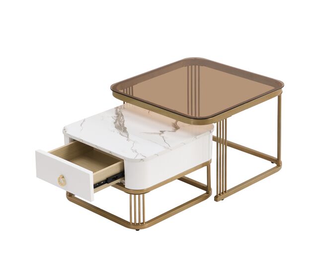 Conjunto de 2 mesas de centro quadradas de mdf com 1 gaveta,branco+dourado