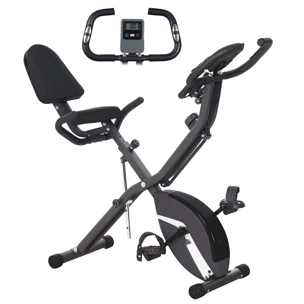 Sportnow bicicleta estática dobrável com resistência magnética de 8 níveis bicicleta estática dobrável com encosto volante ecrã lcd e banda de resistência carga 110 kg 43x97x109 cm preto