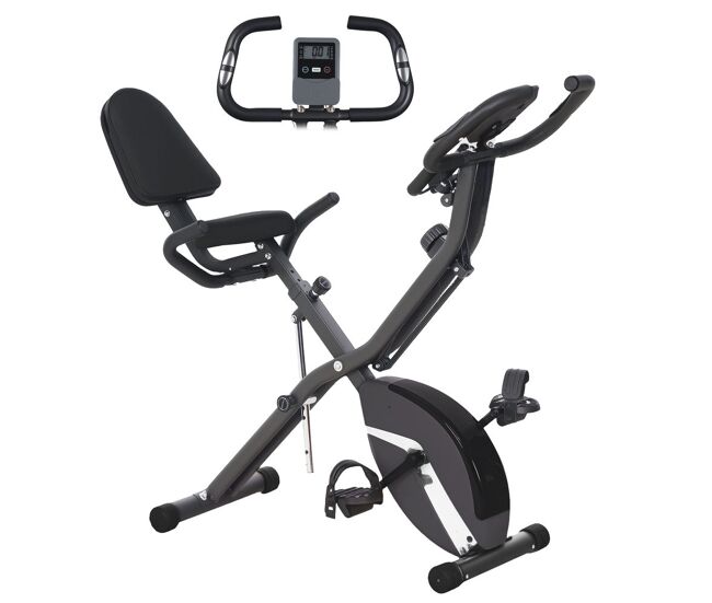 Sportnow bicicleta estática dobrável com resistência magnética de 8 níveis bicicleta estática dobrável com encosto volante ecrã lcd e banda de