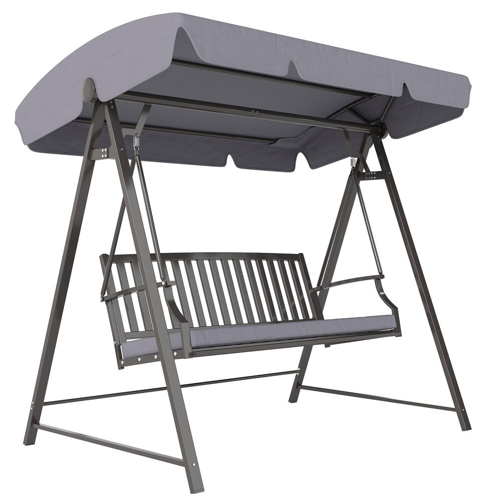 Outsunny baloiço de jardim para 3 pessoas banco baloiço com toldo ajustável almofada e estrutura de aço resistente às intempéries 205x133x181 cm cinzento