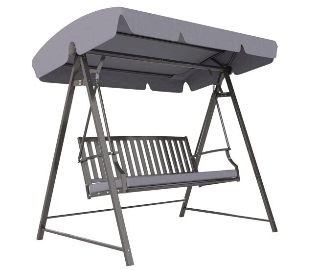 Outsunny baloiço de jardim para 3 pessoas banco baloiço com toldo ajustável almofada e estrutura de aço resistente às intempéries 205x133x181 cm
