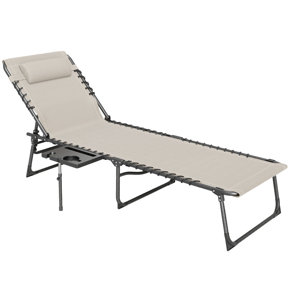 Outsunny espreguiçadeira dobrável, espreguiçadeira de jardim para exterior com encosto ajustável, apoio de cabeça, bolso lateral, bandeja e estrutura