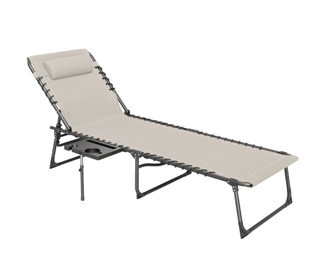 Outsunny espreguiçadeira dobrável, espreguiçadeira de jardim para exterior com encosto ajustável, apoio de cabeça, bolso lateral, bandeja e estrutura