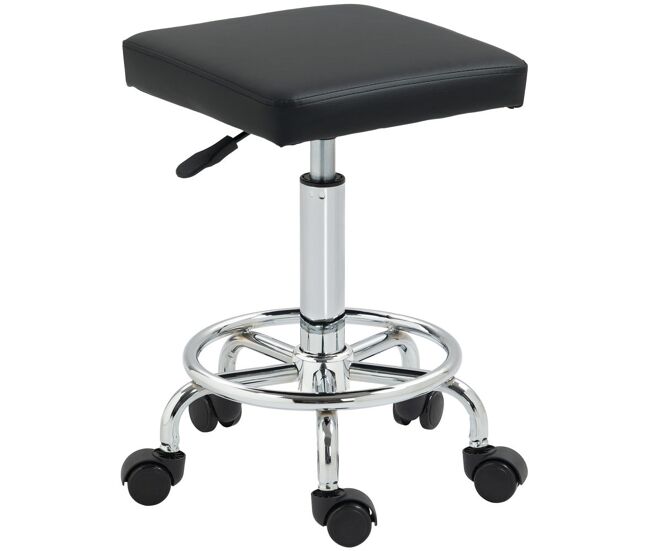 Homcom banco giratório banco com rodas altura regulável 50-66 cm assento estofado em imitação de couro descanso para os pés para salões e oficinas 34x34x50-66 cm noir