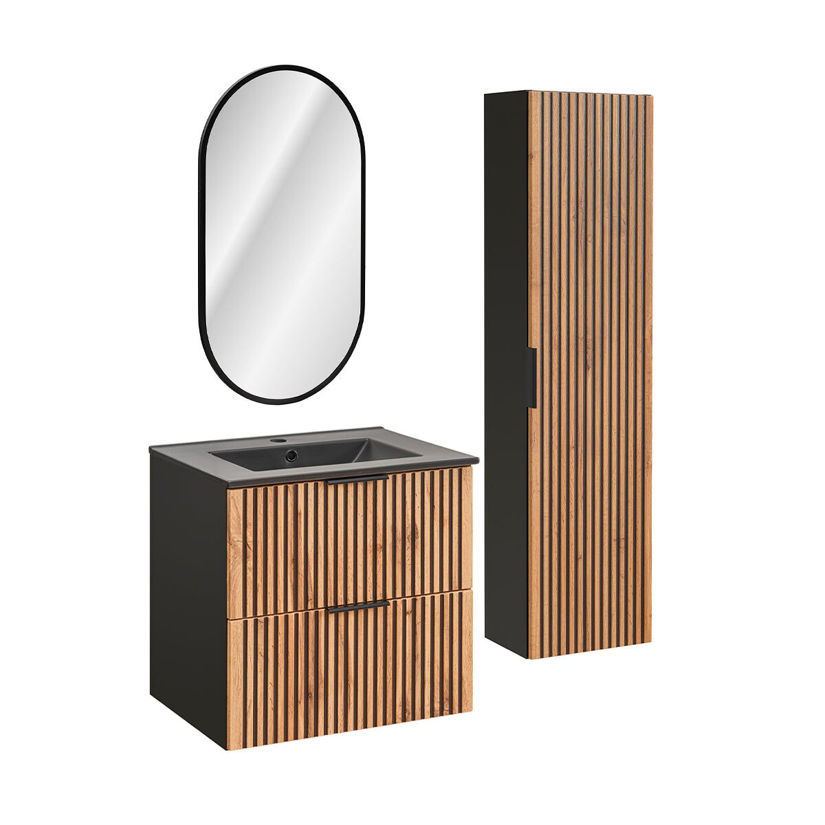 Conjunto móvel lavatório simples encastrado 60cm espelho led e coluna gaia madeira e preto lavatório preto