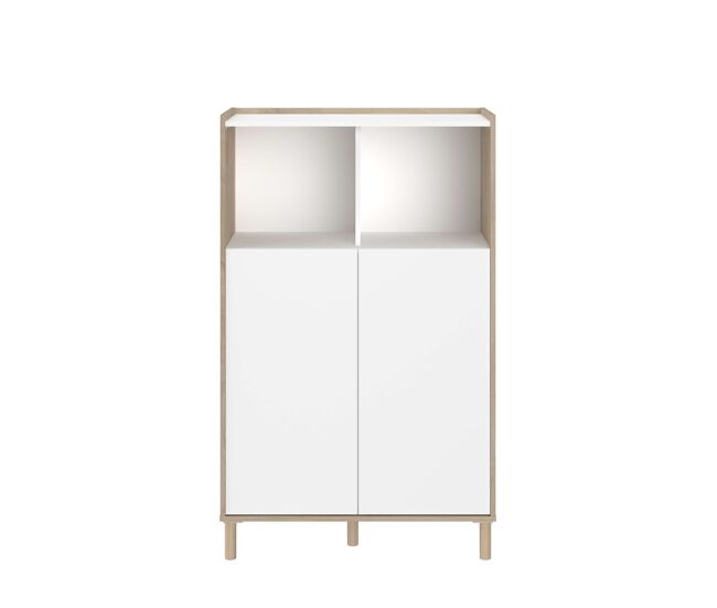 Aparador para sala de estar e jantar estilo nórdico azzaro em carvalho japonês e branco com 2 portas e 2 espaços abertos 84x135x40 cm