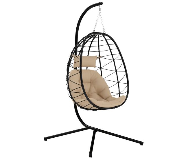 Outsunny cadeira suspensa com suporte baloiço jardim com cesto dobrável almofada e apoio de cabeça baloiço suspenso para interior e exterior carga 120