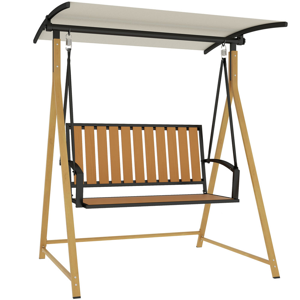 Outsunny baloiço de jardim de 2 lugares baloiço de exterior com toldo ajustável e estrutura de metal carga 240 kg 142x112x162 cm madeira e creme