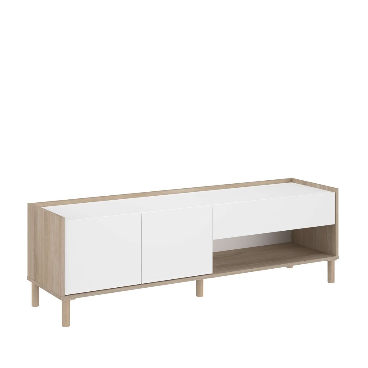 Móvel de tv azzaro 150 cm estilo nórdico sala de estar sala de jantar em carvalho japonês e branco com 2 portas, 1 gaveta e 1 nicho aberto