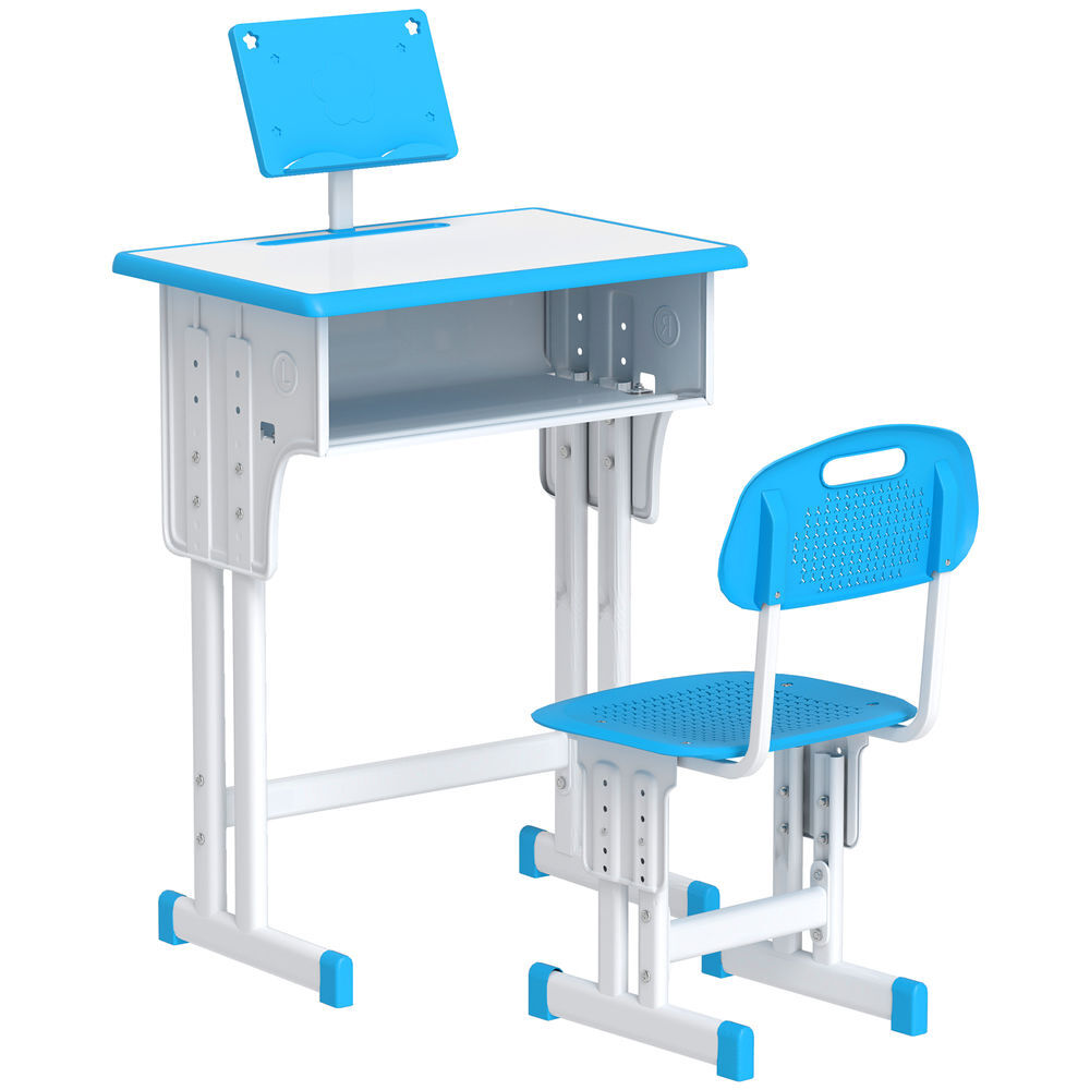 Homcom conjunto de secretária e cadeira para enfants de 6-12 anos secretária infantil com altura ajustável 1 gaveta 1 suporte para lápis e 1 étagère para livros 60x45x90-120 cm bleu