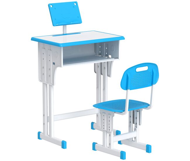 Homcom conjunto de secretária e cadeira para enfants de 6-12 anos secretária infantil com altura ajustável 1 gaveta 1 suporte para lápis e 1 étagère para livros 60x45x90-120 cm bleu
