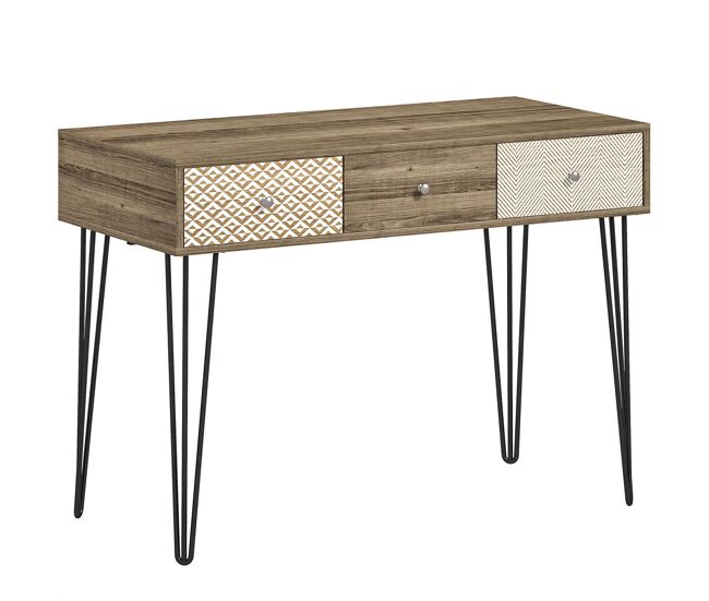 Homcom secretária estilo boémio mesa secretária com 3 gavetas e pés de ferro para escritório dormitório tocador 105x50x75 cm madeira
