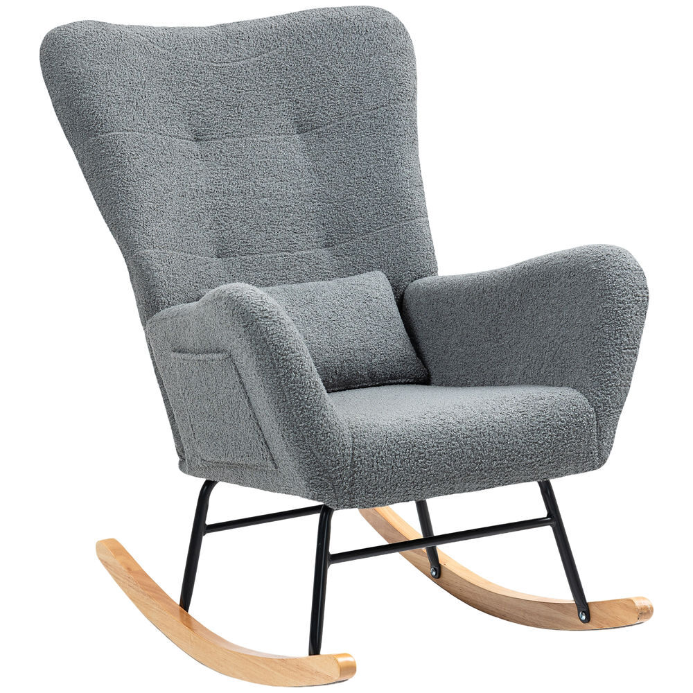 Homcom poltrona baloiço em borrego sintético poltrona para amamentação com encosto acolchoado almofada e base de madeira de borracha suporta 120 kg 67x82x100 cm gris