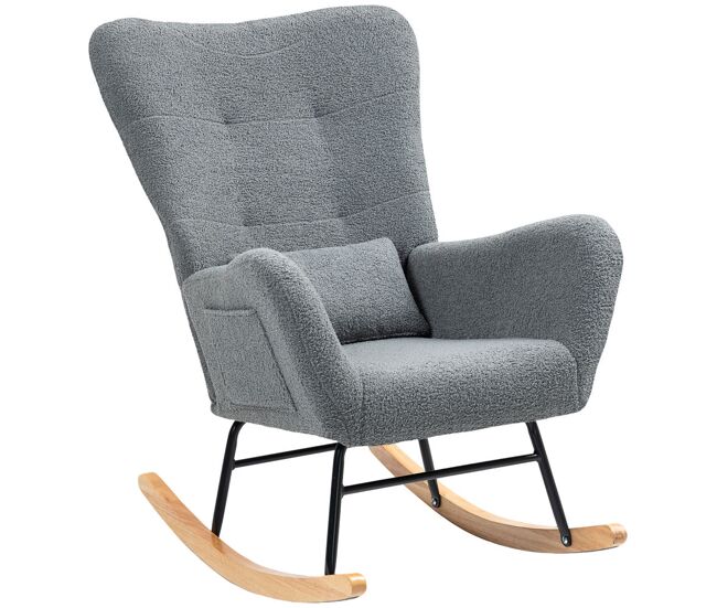 Homcom poltrona baloiço em borrego sintético poltrona para amamentação com encosto acolchoado almofada e base de madeira de borracha suporta 120 kg 67x82x100 cm gris