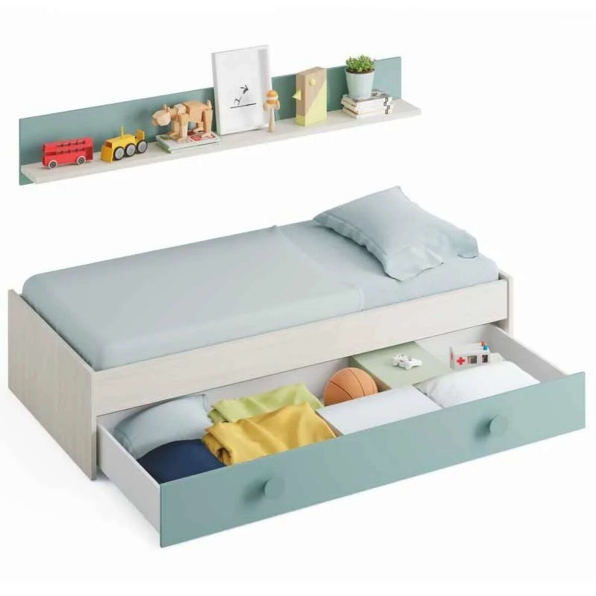 Pacote de móveis para quarto juvenil, cama de rodízio, prateleira e guarda-roupa verde e branco 90x190 cm sem base de cama