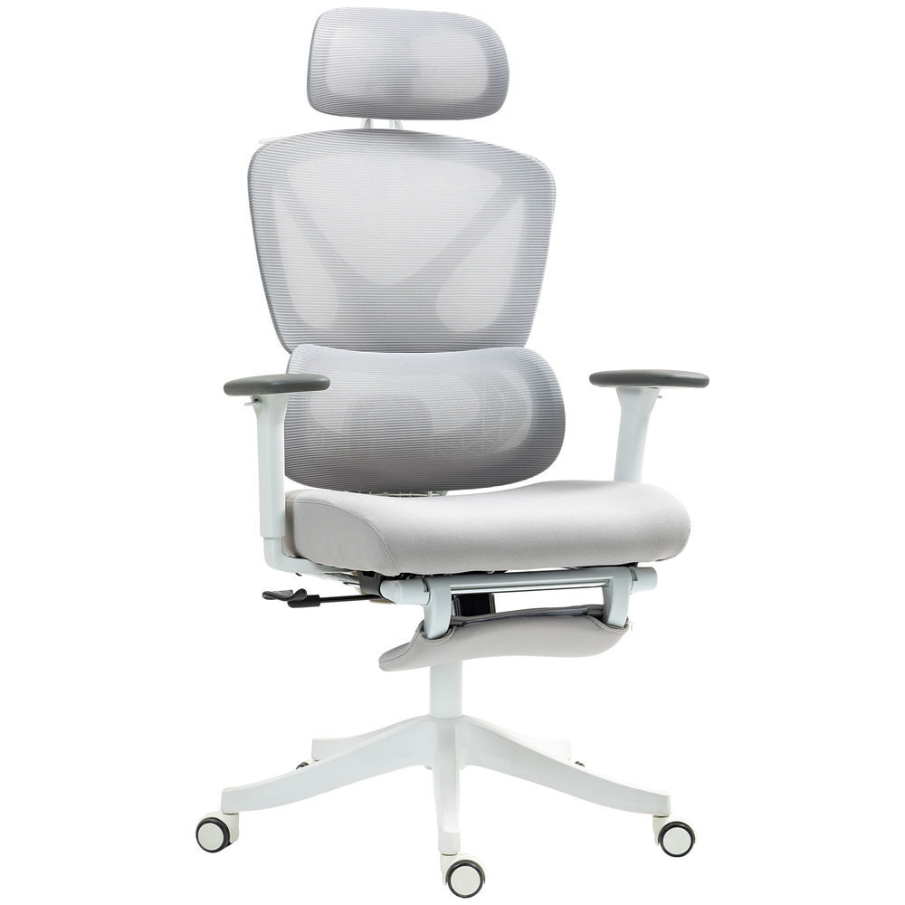Homcom cadeira de escritório de malha reclinável com apoio para a cabeça ajustável suporte lombar apoio para os pés apoios para os braços e altura regulável suporta até 135 kg 71x70x109-119 cm gris