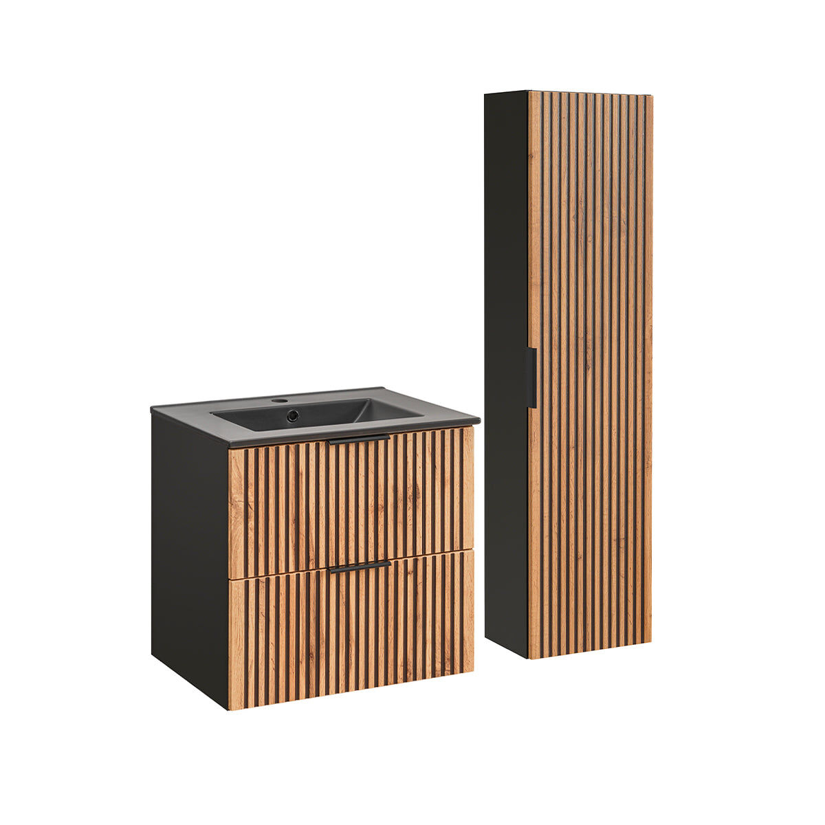 Conjunto móvel lavatório simples 60cm encastrado gaia madeira e noir lavatório noir