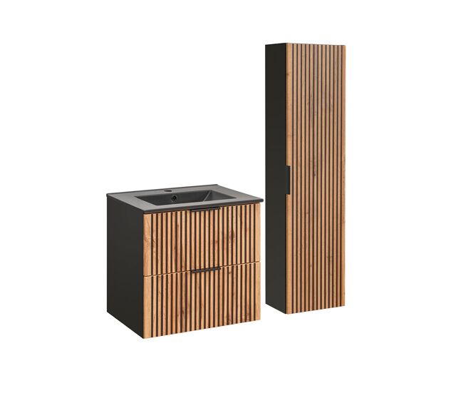 Conjunto móvel lavatório simples 60cm encastrado gaia madeira e noir lavatório noir