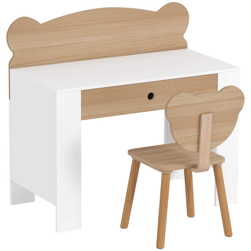 Aiyaplay secretária para enfants com cadeira em forma de ursinho secretária infantil com gaveta para estudar ler e desenhar mesa para enfants para dormitório blanc e madeira
