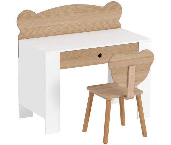 Aiyaplay secretária para enfants com cadeira em forma de ursinho secretária infantil com gaveta para estudar ler e desenhar mesa para enfants para dormitório blanc e madeira