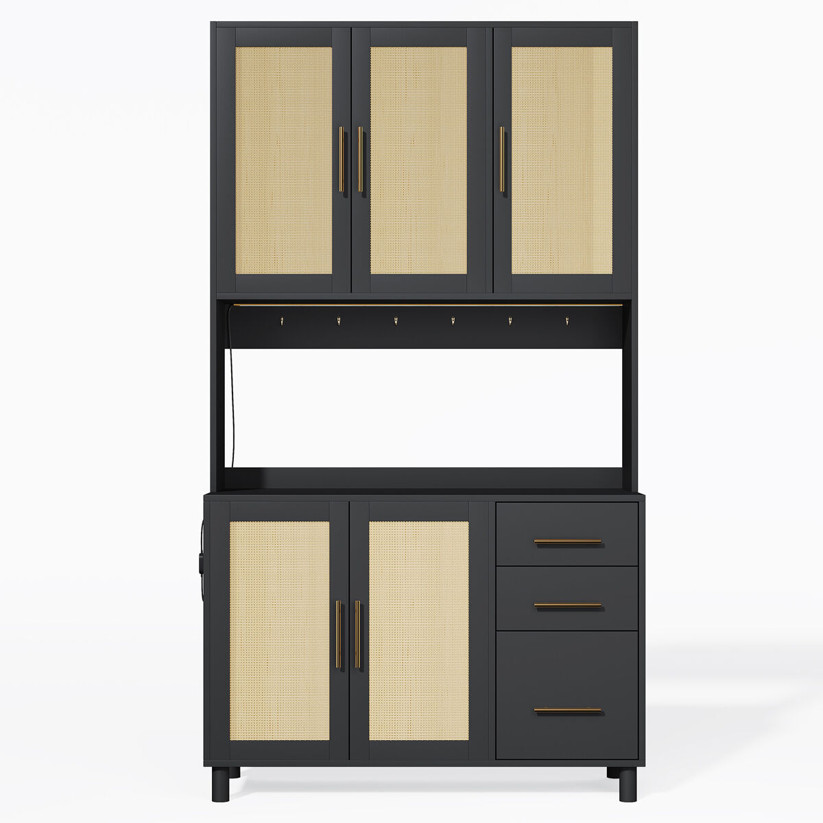 Vitrine alta com efeito madeira e rattan, iluminação led, tomadas integradas bruqeids black