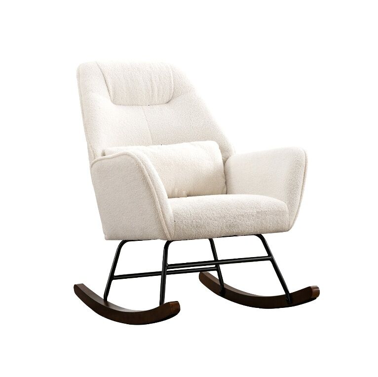 Cadeira basculante em laine d'agneau cadeira basculante em laine moderna, cadeira basculante confortável com pés em madeira massiva beige
