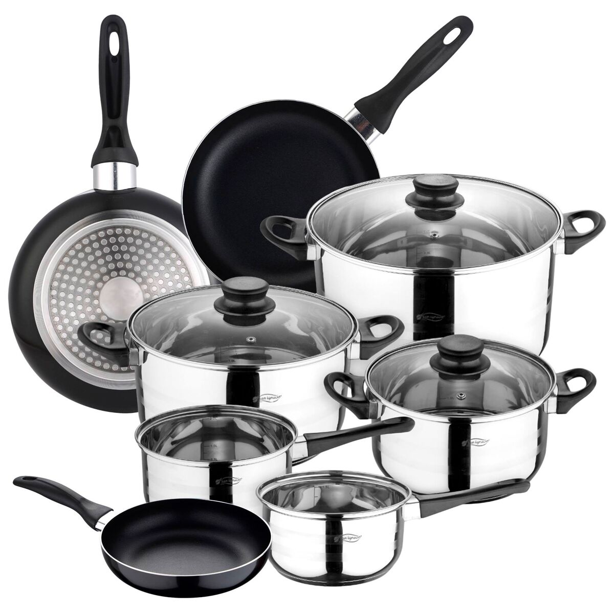 Conjunto de 3 panelas de alumínio + panelas de aço inoxidável de 8 peças