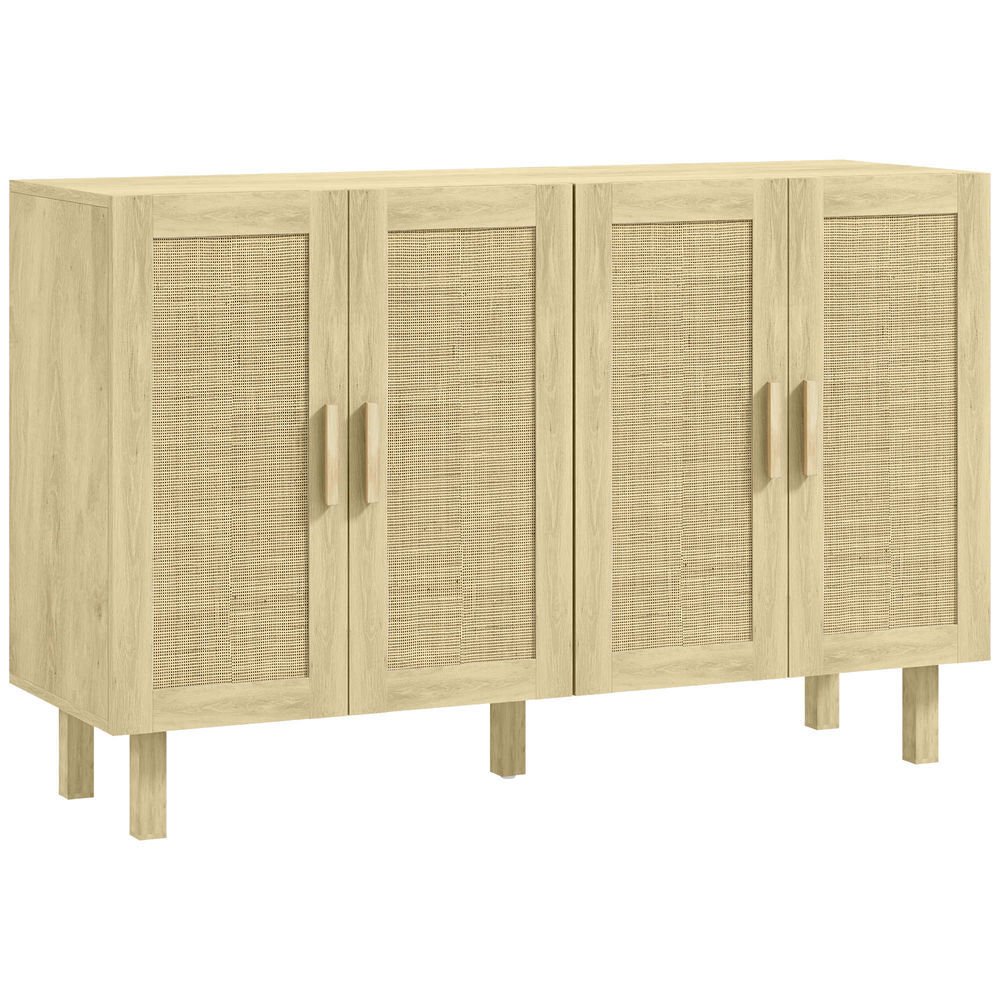 Homcom aparador de sala de estar com 4 portas com rede em vime e prateleiras ajustáveis aparador para cozinha escritório estúdio quarto estilo nórdico anti-tombo 120x39,5x76 cm madeira