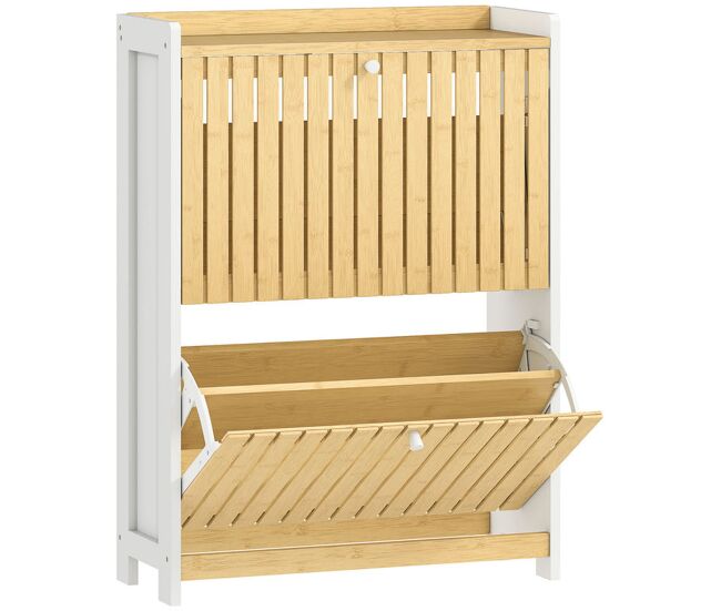 Homcom sapateira estreita com 2 portas de bambu em ripas móvel sapateira com prateleiras ajustáveis para 12 pares de sapatos 60x24x82,5 cm branco e