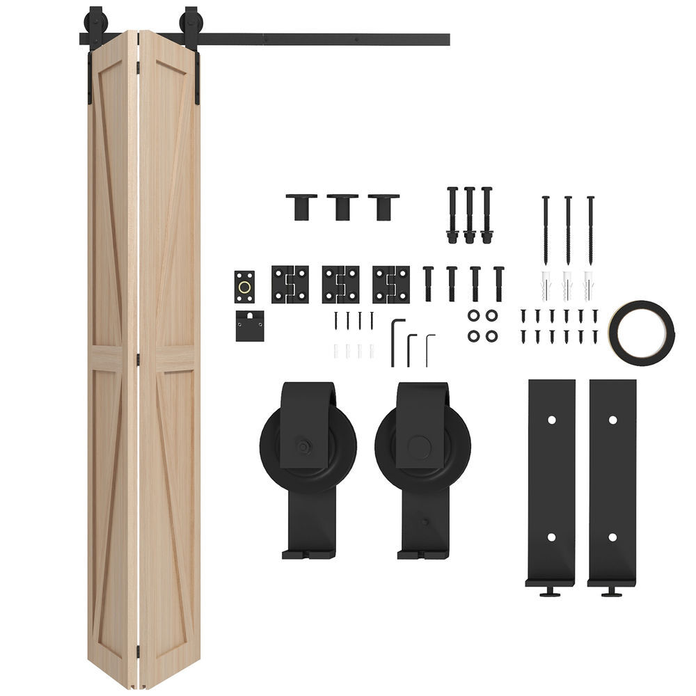 Homcom 4ft / 122cm kit de ferragens para porta deslizante dobrável para 2 portas com trilho para celeiro preto