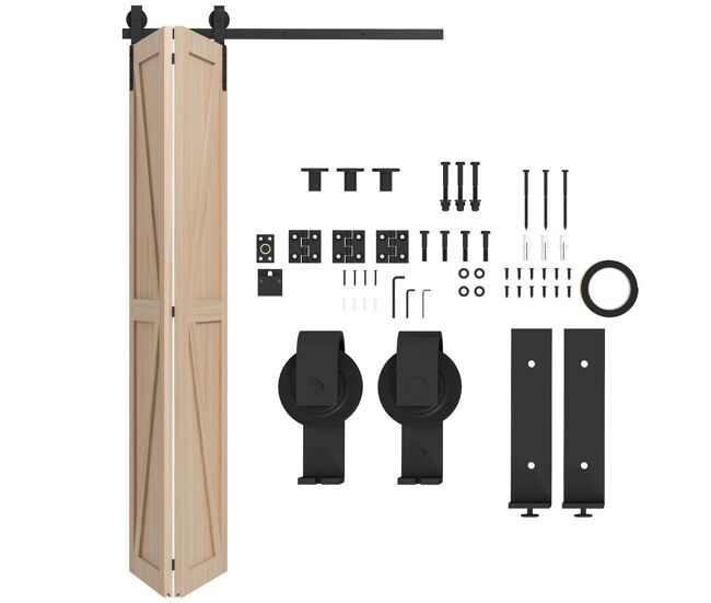 Homcom 4ft / 122cm kit de ferragens para porta deslizante dobrável para 2 portas com trilho para celeiro preto