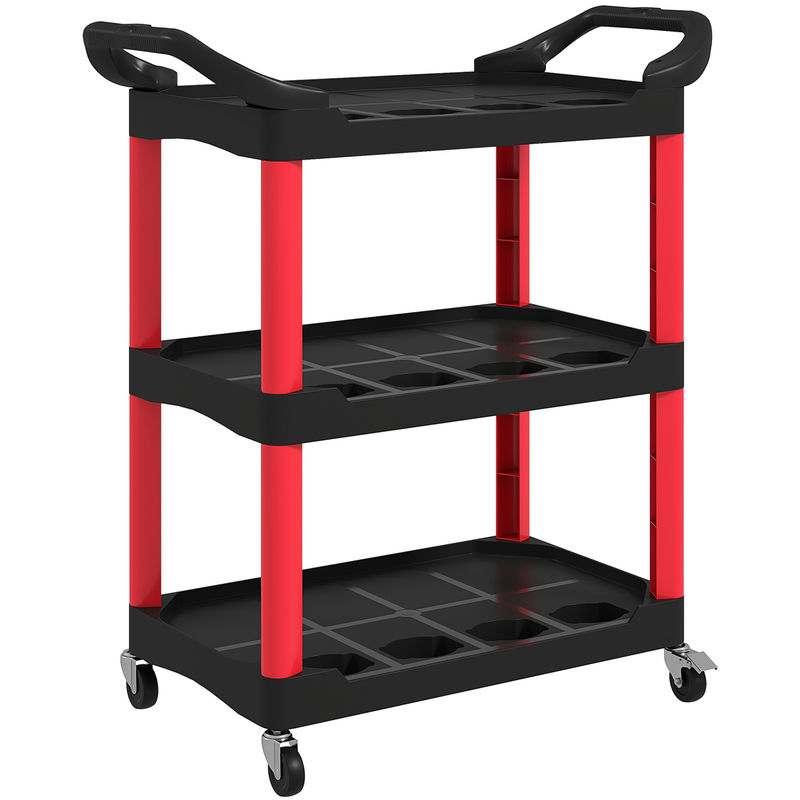 Homcom carro de oficina carro de ferramentas com 3 étagères rodas e pegas para garagem oficina casa carga 91 kg 83x43x97 cm rouge e noir