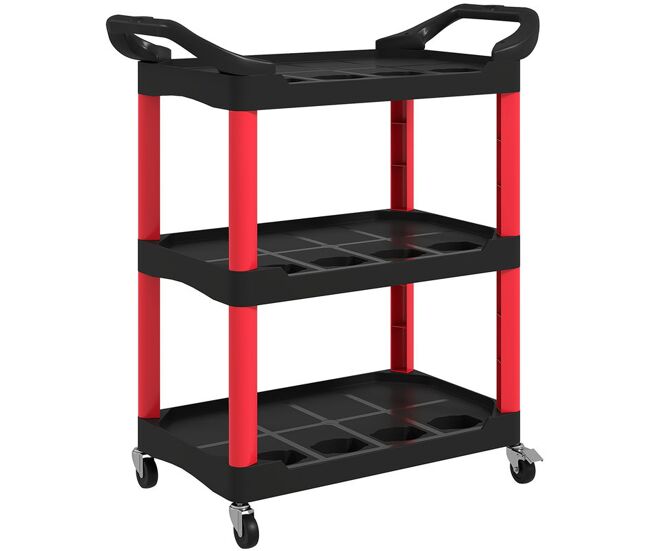 Homcom carro de oficina carro de ferramentas com 3 étagères rodas e pegas para garagem oficina casa carga 91 kg 83x43x97 cm rouge e noir