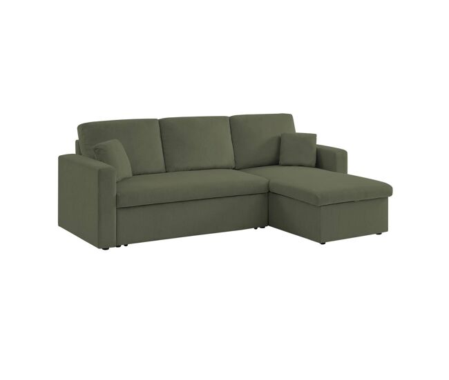Sofá-cama de canto conversível de veludo canelado grosso de 3 lugares, ida veludo canelado, caqui, 219x84x68 cm
