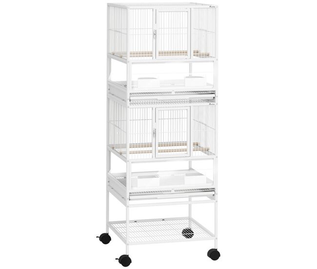 Pawhut gaiola para pássaros gaiola grande de 2 níveis com rodas painéis acrílicos comedouros poleiros prateleira bandejas amovíveis gaiola para