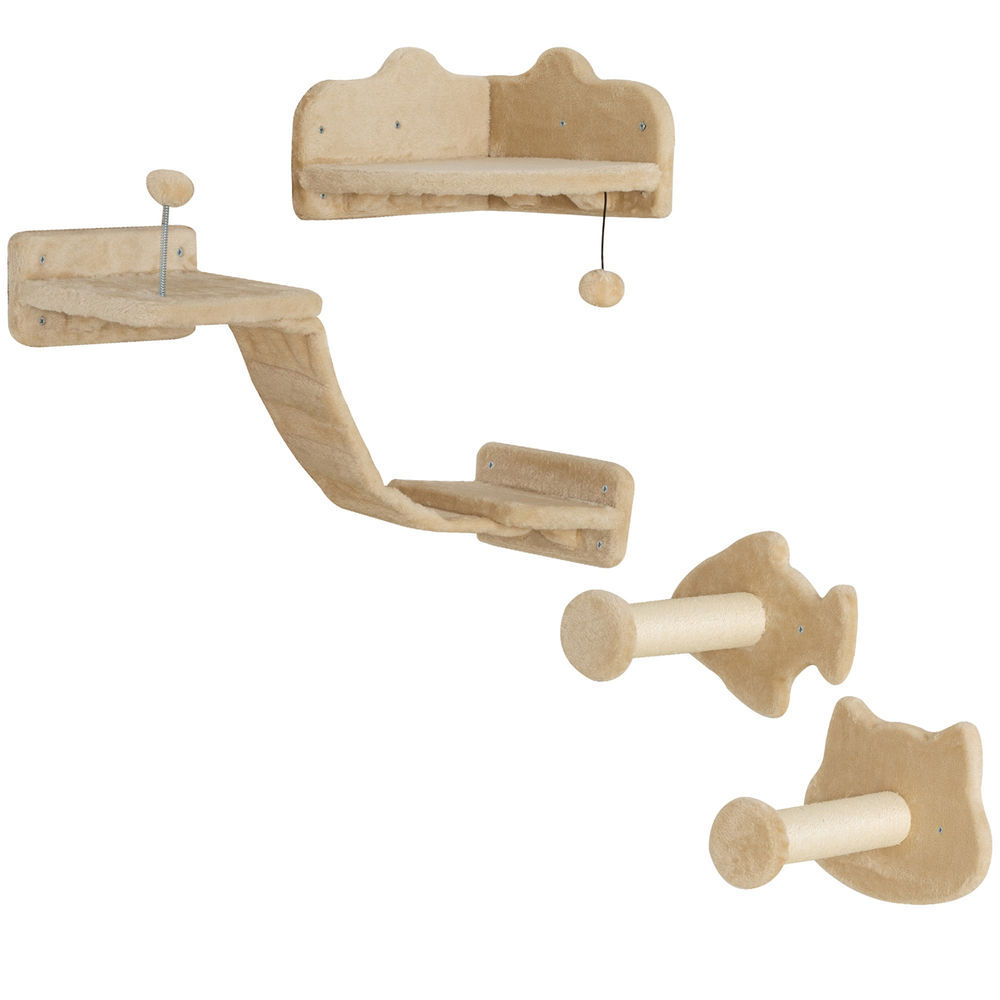 Pawhut conjunto de prateleiras de escalada para gatos de 4 peças arranhador de parede com 2 postes de sisal plataforma dupla com escada e plataforma