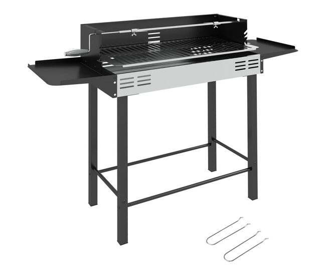 Outsunny barbecue a carvão barbecue portátil 118x32x90 cm com espeto giratório ajustável em altura com 3 níveis grelhas dobráveis e para-vento para