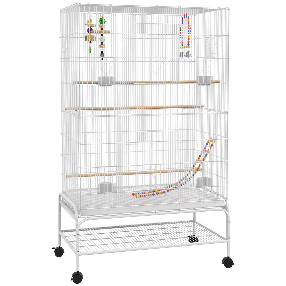 Pawhut gaiola para pássaros com rodas 79x49x133 cm gaiola metálica grande com suporte 4 comedouros 3 poleiros brinquedos bandeja amovível e prateleira