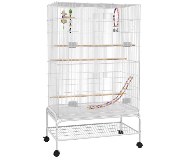 Pawhut gaiola para pássaros com rodas 79x49x133 cm gaiola metálica grande com suporte 4 comedouros 3 poleiros brinquedos bandeja amovível e prateleira