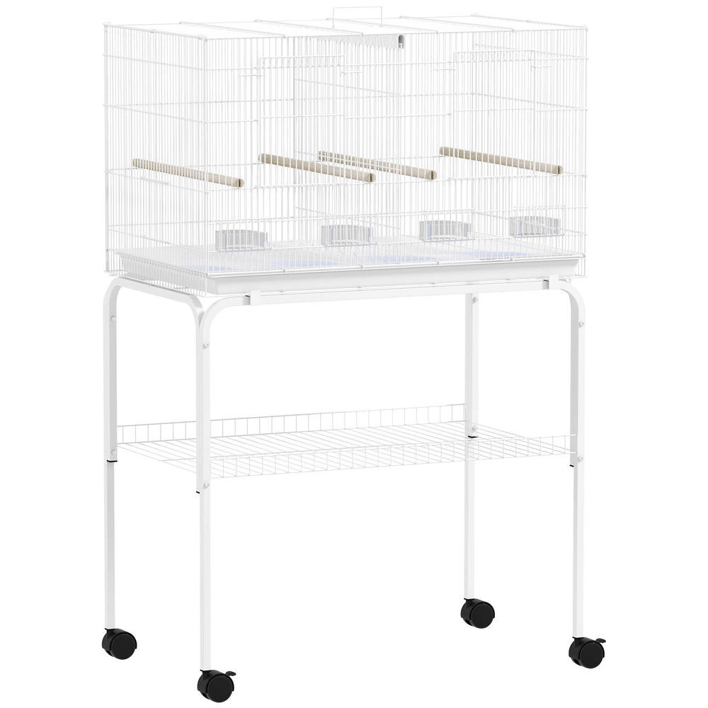 Pawhut gaiola para pássaros com divisória gaiola com rodas para aves papagaios canários gaiola para aves com comedouros poleiros e bandeja removível,