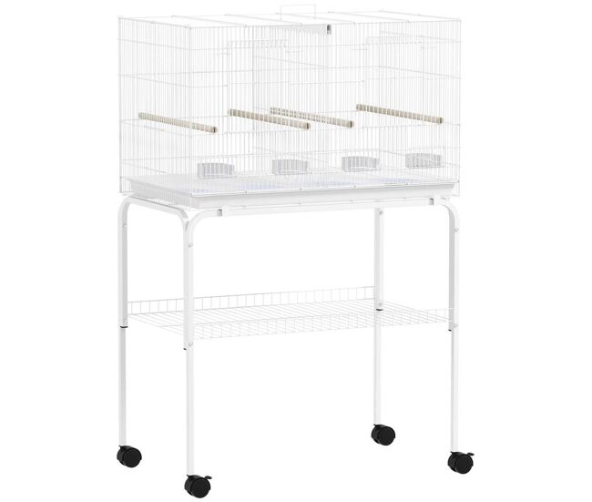 Pawhut gaiola para pássaros com divisória gaiola com rodas para aves papagaios canários gaiola para aves com comedouros poleiros e bandeja removível,