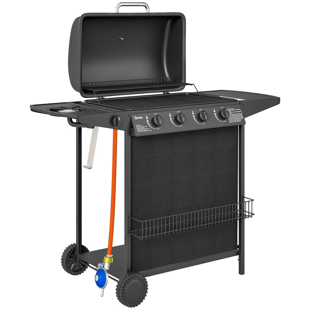 Outsunny barbecue a gás com 4+1 queimadores 12 kw barbecue portátil com termómetro mesa lateral prateleira para temperos grelha recolhedor de gordura 2 rodas para jardim exterior campismo 121x54x97 cm preto