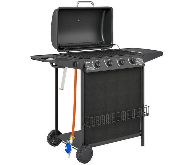 Outsunny barbecue a gás com 4+1 queimadores 12 kw barbecue portátil com termómetro mesa lateral prateleira para temperos grelha recolhedor de gordura