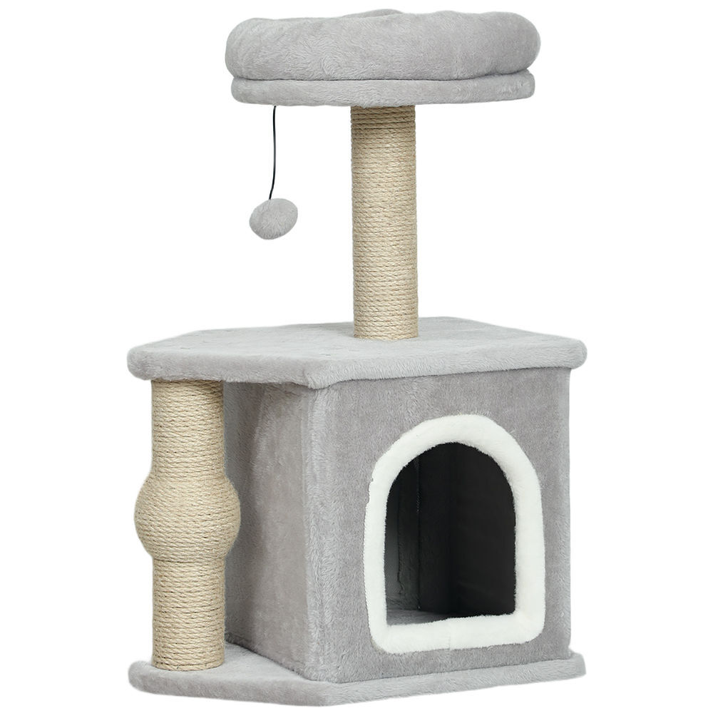 Pawhut arranhador para gatos altura 66 cm arranhador para gatos com cama caverna plataforma bola suspensa e poste de juta 42x30x66 cm cinza
