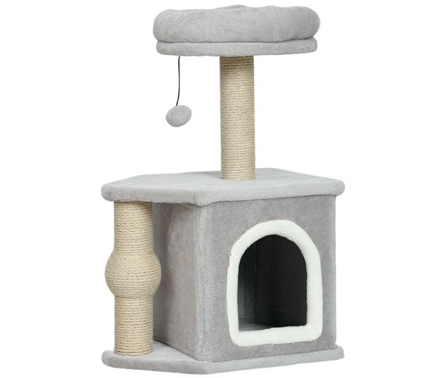 Pawhut arranhador para gatos altura 66 cm arranhador para gatos com cama caverna plataforma bola suspensa e poste de juta 42x30x66 cm cinza