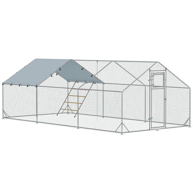 Pawhut galinheiro para exterior 18 m² 3x6x1,95 m para 18-24 galinhas galinheiro em aço galvanizado com poleiro, comedouro suspenso tipo espeto, fecho,