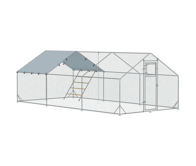Pawhut galinheiro para exterior 18 m² 3x6x1,95 m para 18-24 galinhas galinheiro em aço galvanizado com poleiro, comedouro suspenso tipo espeto, fecho,
