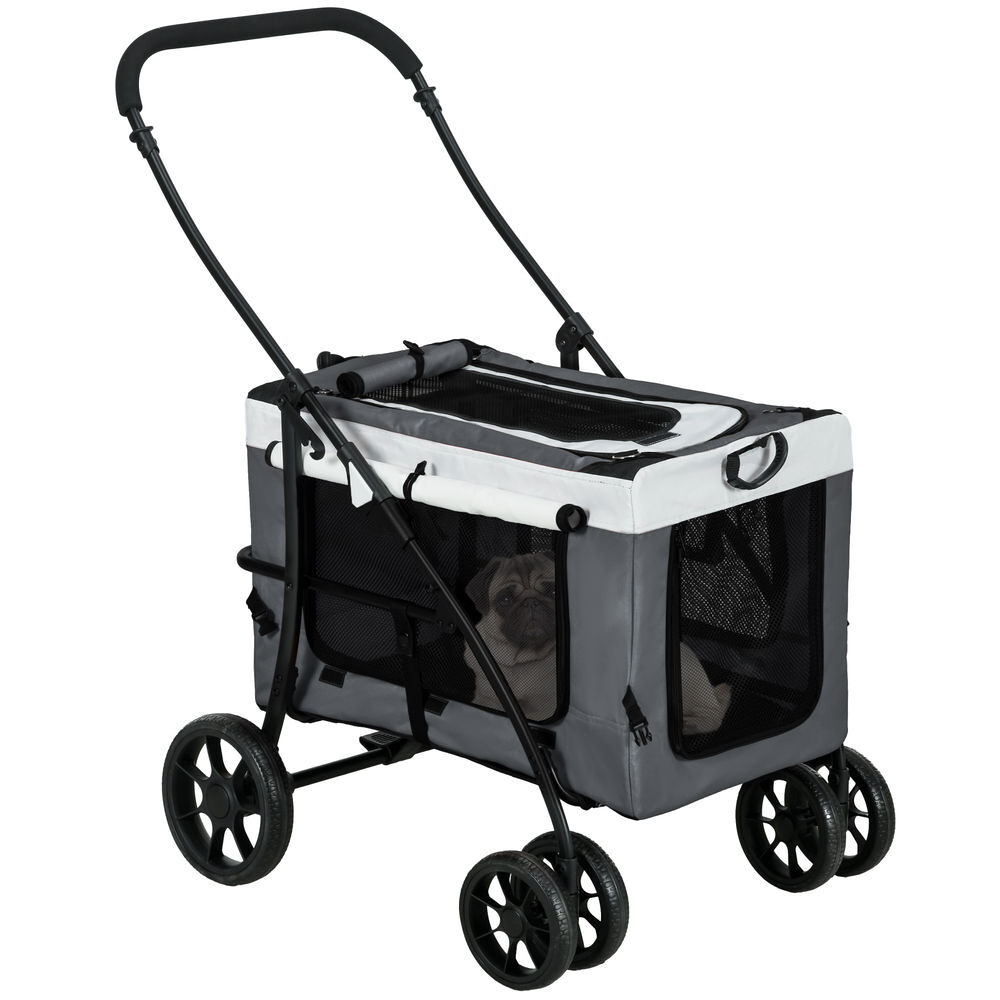 Pawhut carrinho para animais de estimação carrinho para cães dobrável com compartimento desmontável 4 portas com fecho de correr 2 correias de