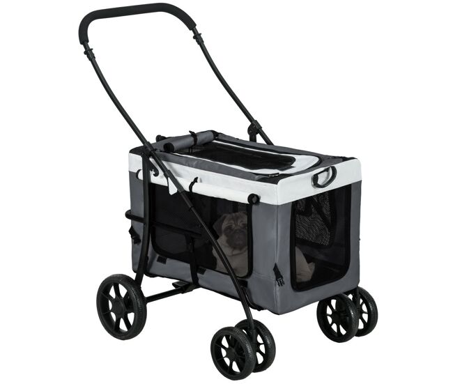 Pawhut carrinho para animais de estimação carrinho para cães dobrável com compartimento desmontável 4 portas com fecho de correr 2 correias de